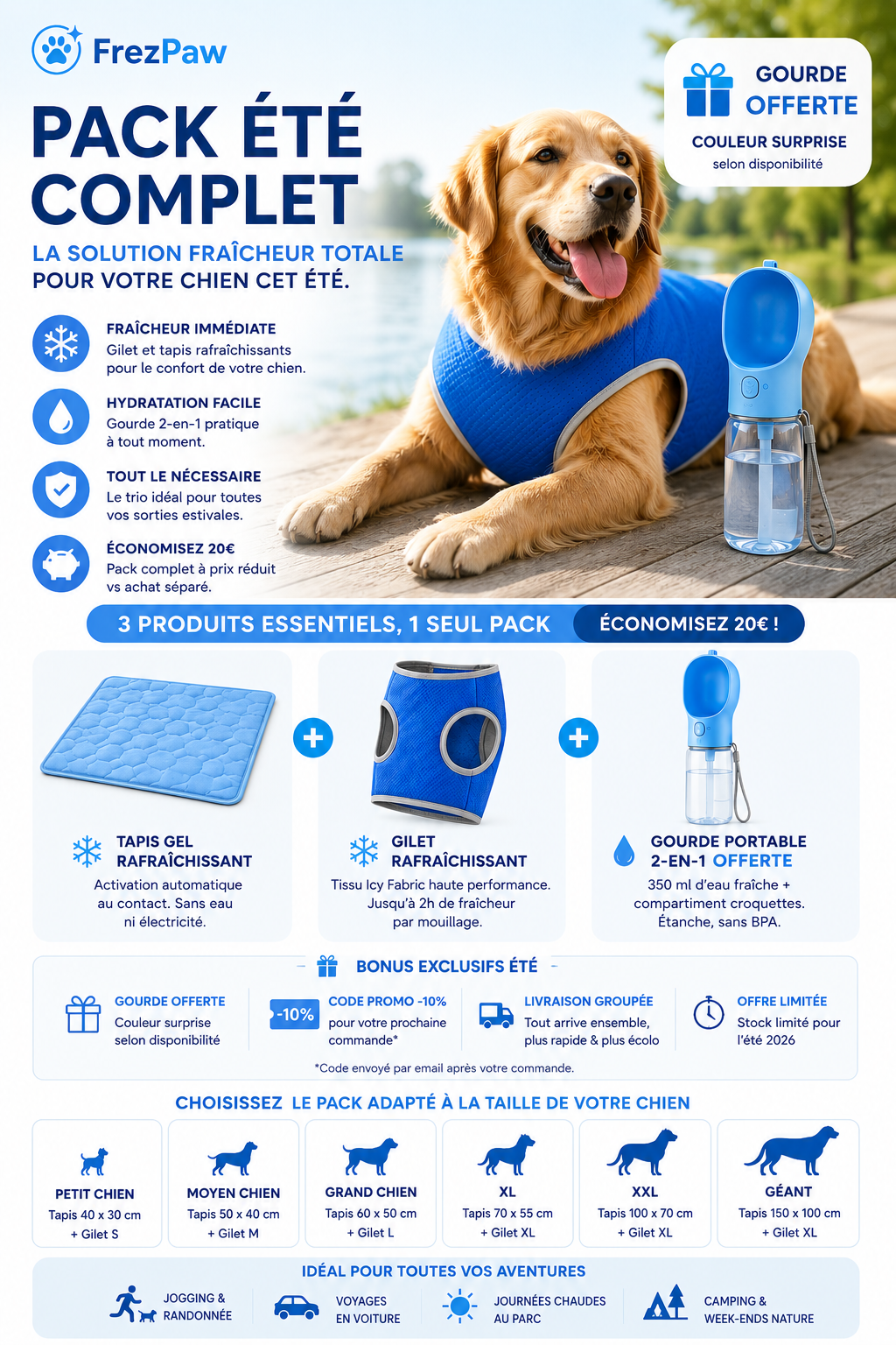 Pack Été Complet FrezPaw™ ☀️ Tapis + Gilet + Gourde OFFERTE