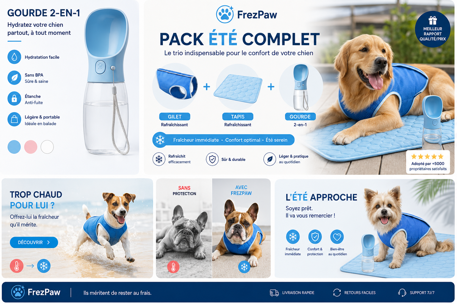 Pack Été Complet FrezPaw™ ☀️ Tapis + Gilet + Gourde OFFERTE